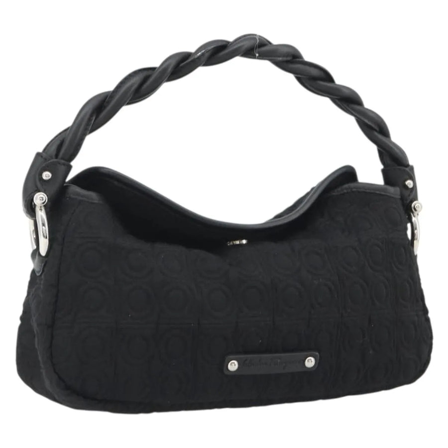 Salvatore Ferragamo Gancini Hobo Leather Black Cotton Bag