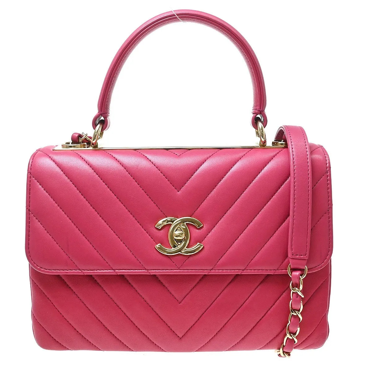 Chanel Trendy Cc Top Handle Chevron Lambskin Pink Leather Bag