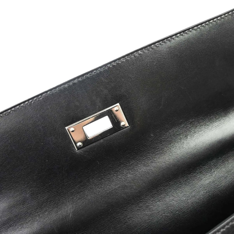 Hermes Kelly Black Box Calf With Palladium Hardware Leather Bag