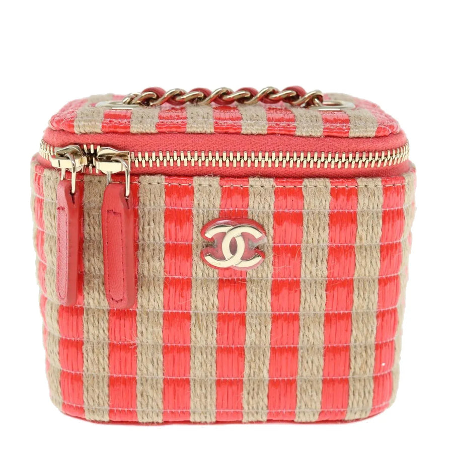 Chanel Classic Vanity Case With Chain Striped Raffia And Jute Red Wood Bag
