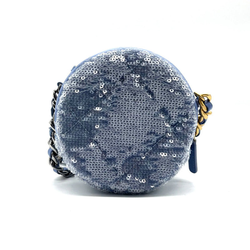 Chanel Round Clutch With Chain Sequins Blue Leather Bag