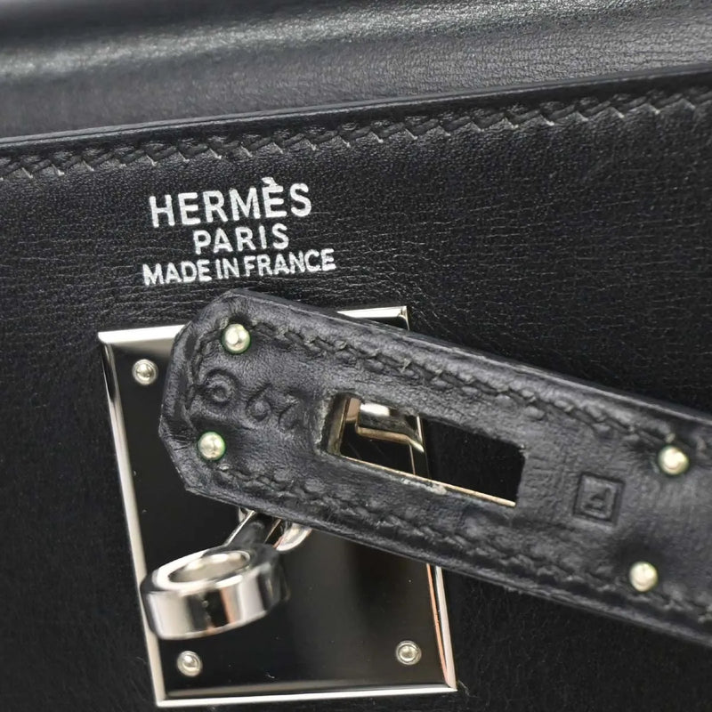 Hermes Kelly Black Box Calf With Palladium Hardware Leather Bag