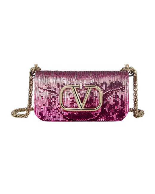 Valentino Garavani Vlogo Loco Flap Shoulder Embellished Embroidered Leather Pink Satin Bag