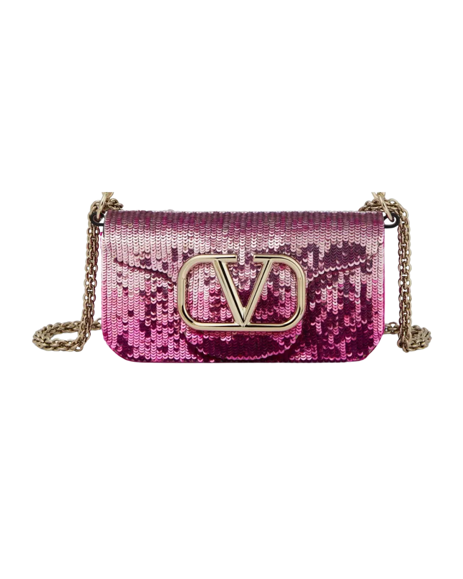 Valentino Garavani Vlogo Loco Flap Shoulder Embellished Embroidered Leather Pink Satin Bag