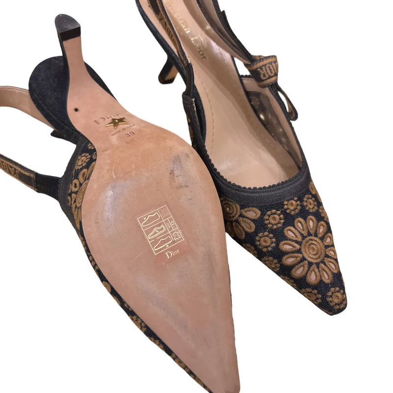 Christian Dior Womens Jadior Slingback Pumps Embroidered Fabric Blue Denim_jeans