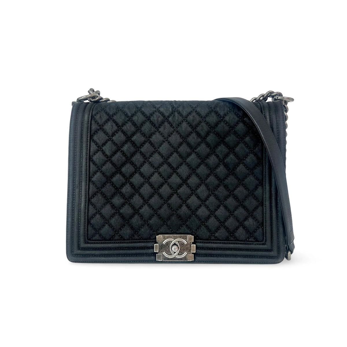 Chanel Quilted Boy Tote Aged Glazed Calfskin Black Denim_jeans Bag