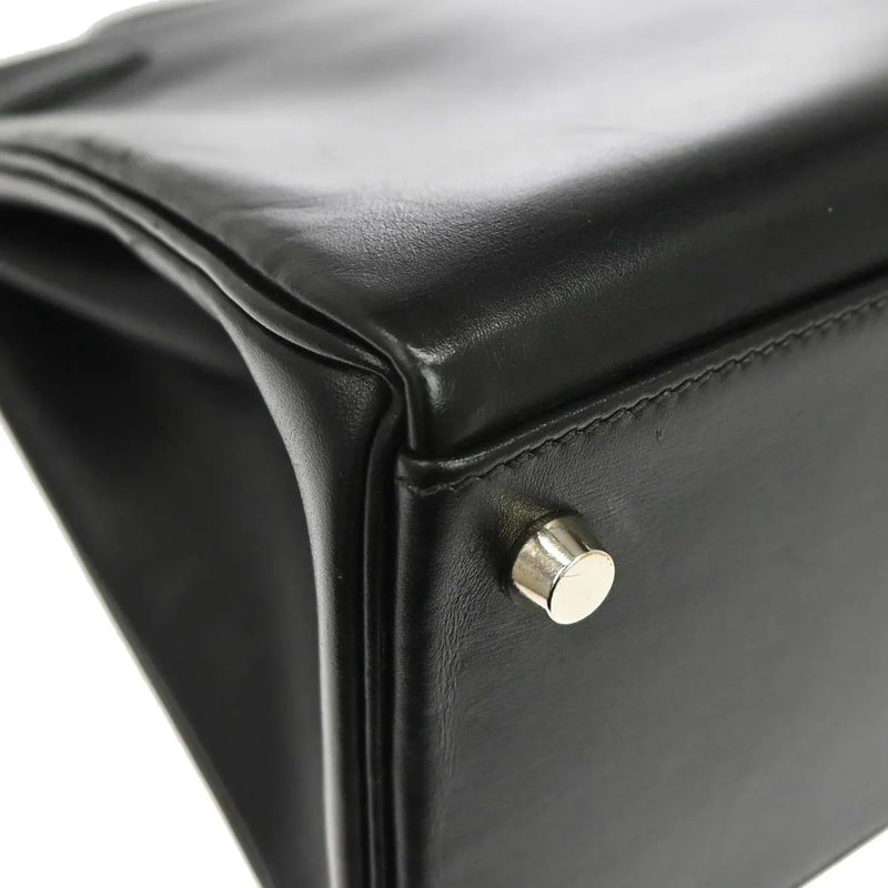 Hermes Kelly Black Box Calf With Palladium Hardware Leather Bag