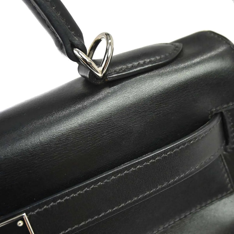Hermes Kelly Black Box Calf With Palladium Hardware Leather Bag