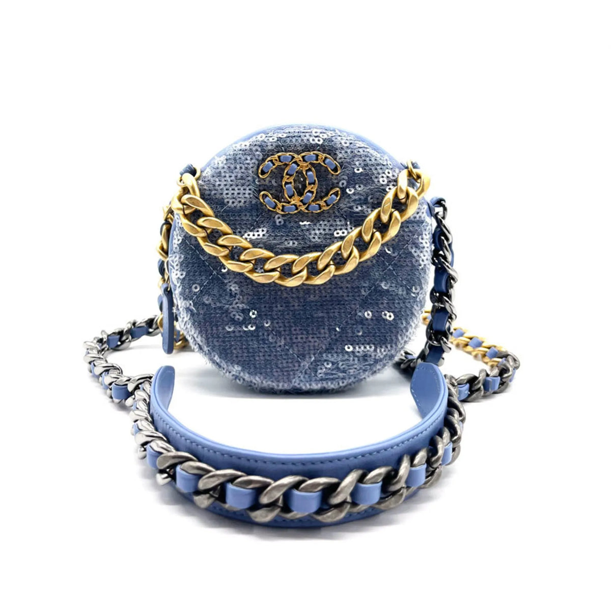Chanel Round Clutch With Chain Sequins Blue Leather Bag