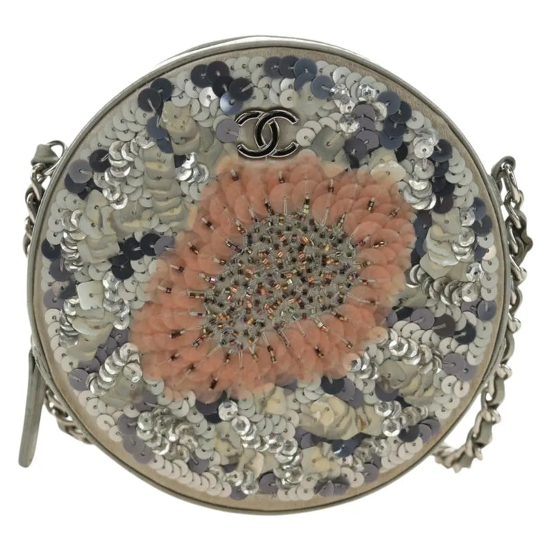 Chanel Round Clutch With Chain Sequins Gray Leather Bag