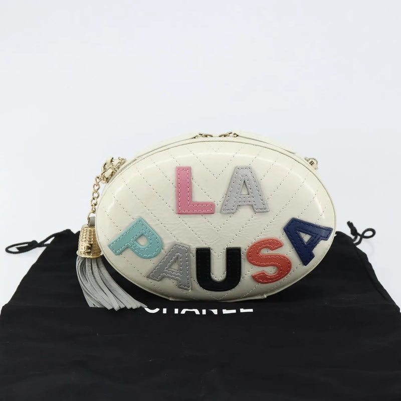 Chanel La Pausa Evening Chevron Lambskin With Applique White Leather Bag