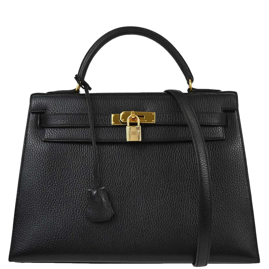 Hermes Kelly Black Ardennes With Gold Hardware Leather Bag
