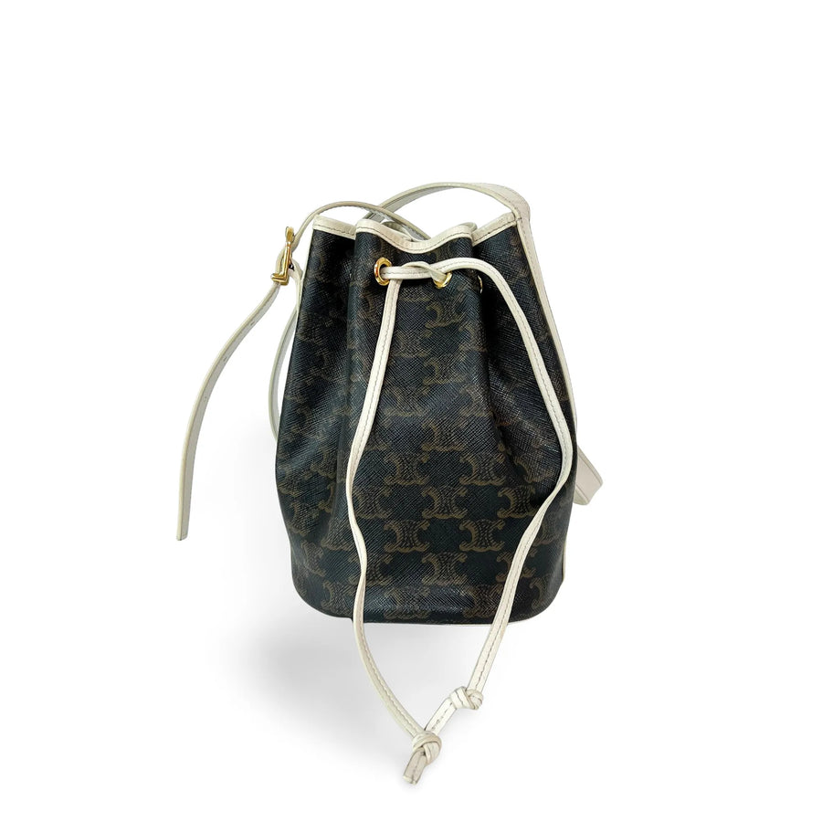 Celine Triomphe Drawstring Bucket Leather Brown Canvas Bag