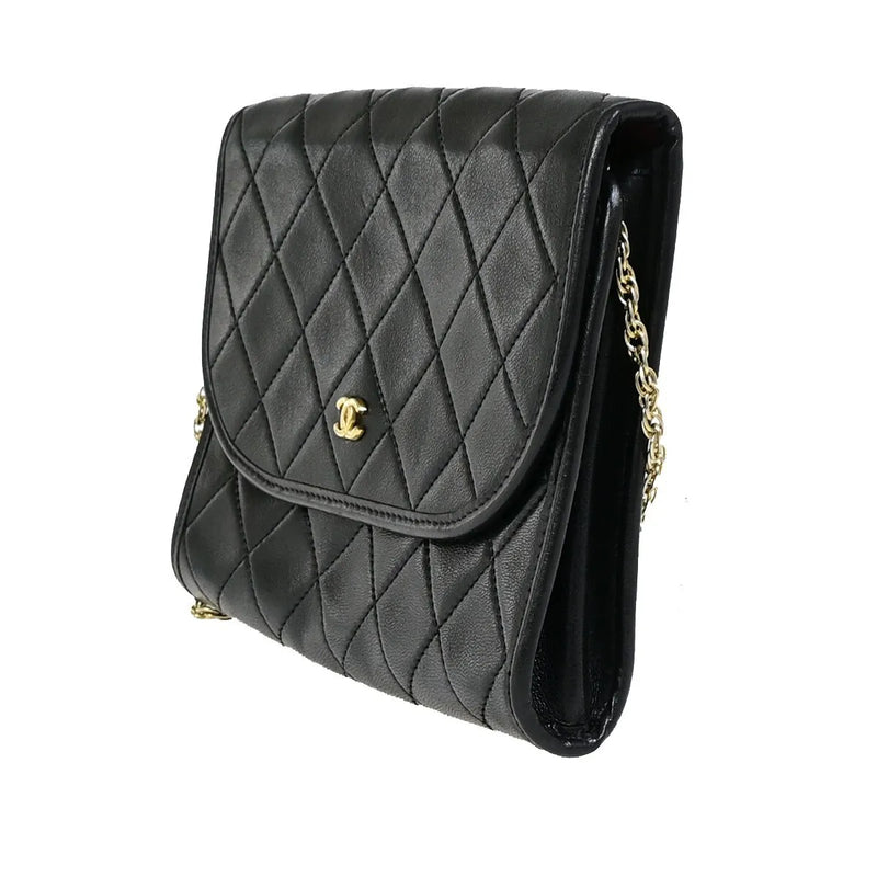 Chanel Vintage Round Flap Quilted Lambskin Black Leather Bag