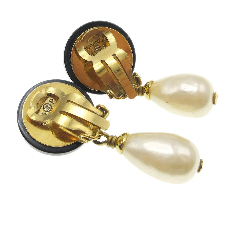 Chanel Vintage Cc Dangle Metal With Crystals Black Gold_plated Jewelry