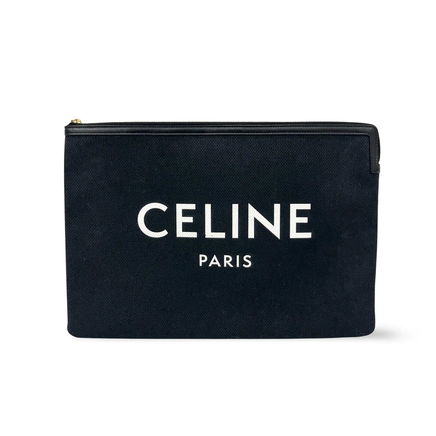 Celine Logo Zip Floral Jacquard With Leather Black Canvas Bag