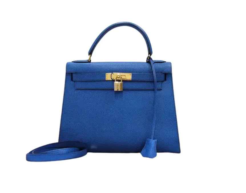 Hermes Kelly Blue Courchevel With Gold Hardware Leather Bag