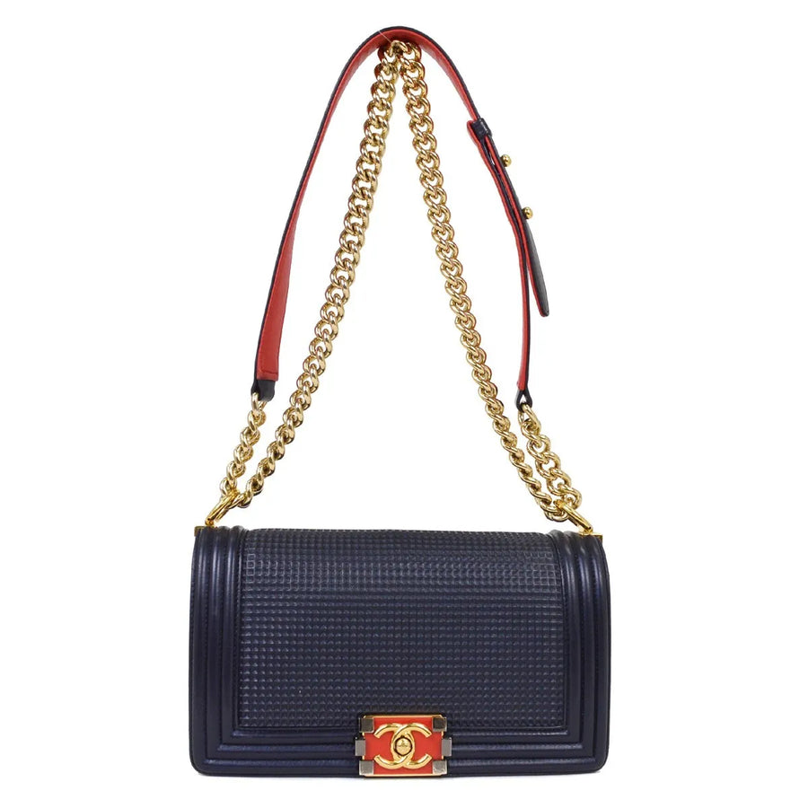 Chanel Boy Flap Cube Embossed Lambskin Navy Leather Bag