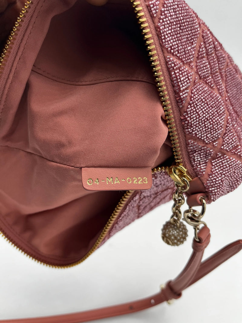 Christian Dior Cannage Cotton Bead Embroidery Pink Beads Bag