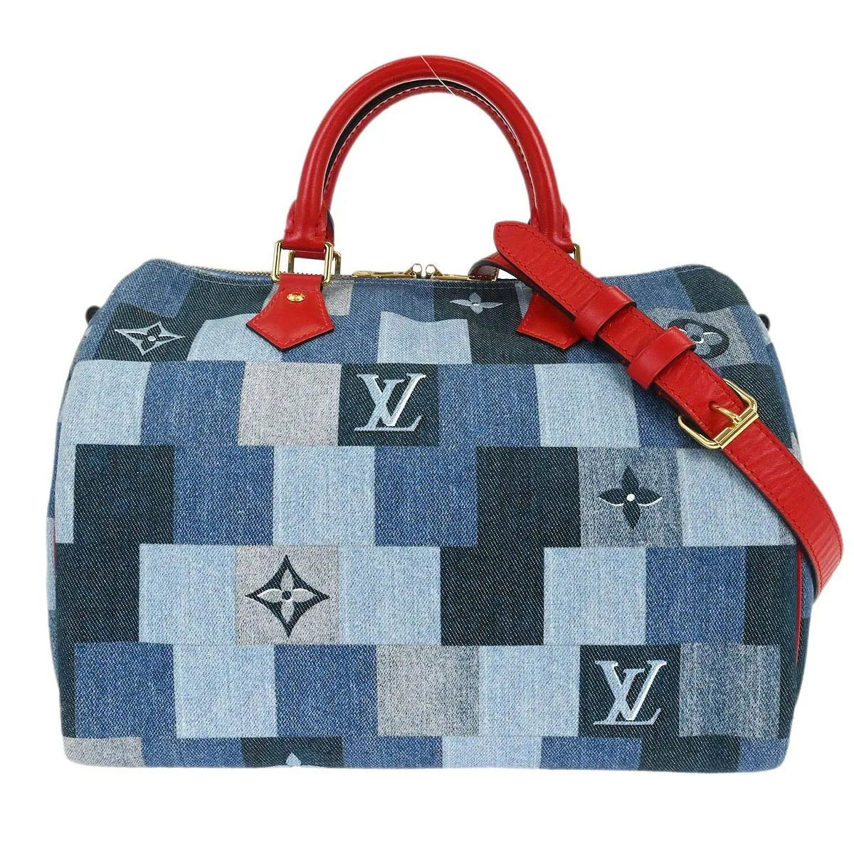 Louis Vuitton Speedy Bandouliere Damier And Monogram Patchwork Denim Blue Denim_jeans Bag