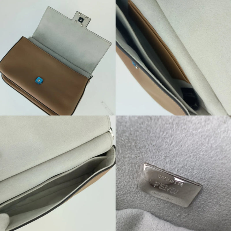 Fendi Chain Baguette Charm Leather Beige Bag