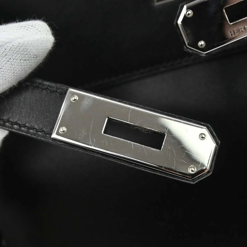 Hermes Kelly Black Box Calf With Palladium Hardware Leather Bag