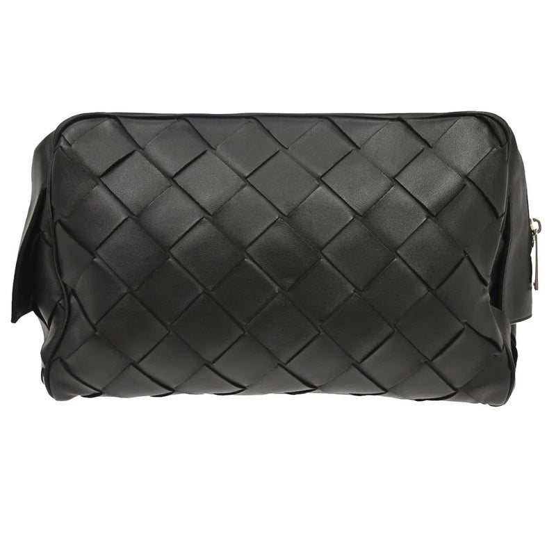 Bottega Veneta Zip Clutch Leather With Intrecciato Snakeskin Detail Black Bag