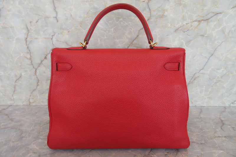 Hermes Kelly Red Clemence With Gold Hardware Leather Bag