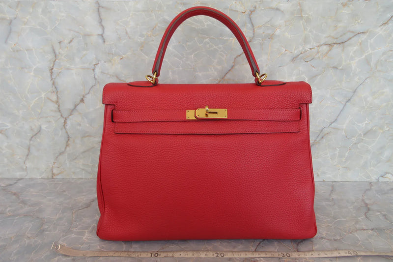 Hermes Kelly Red Clemence With Gold Hardware Leather Bag