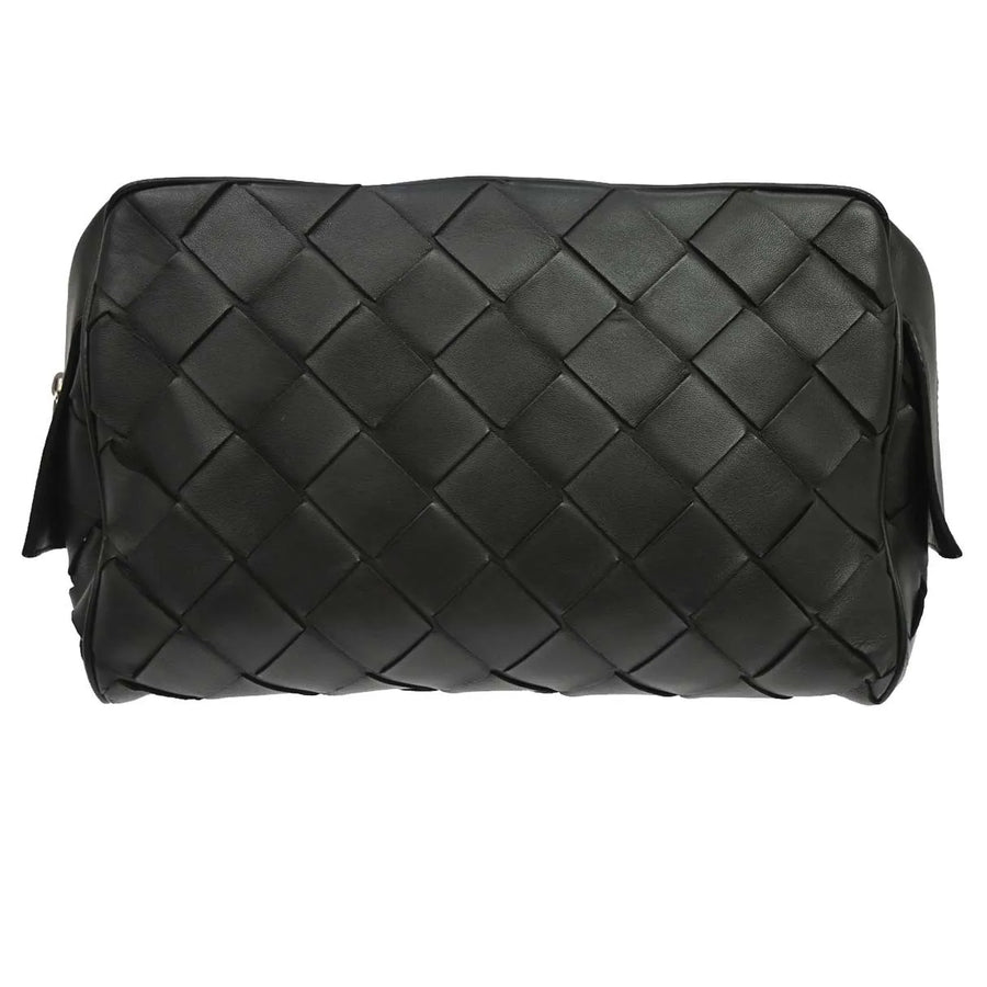 Bottega Veneta Zip Clutch Leather With Intrecciato Snakeskin Detail Black Bag