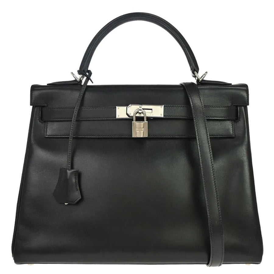 Hermes Kelly Black Box Calf With Palladium Hardware Leather Bag