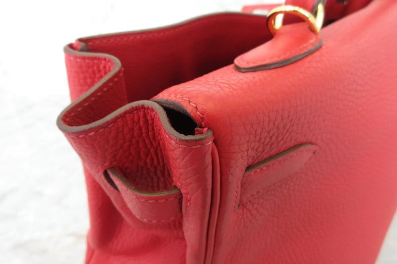 Hermes Kelly Red Clemence With Gold Hardware Leather Bag