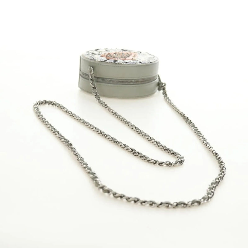 Chanel Round Clutch With Chain Sequins Gray Leather Bag