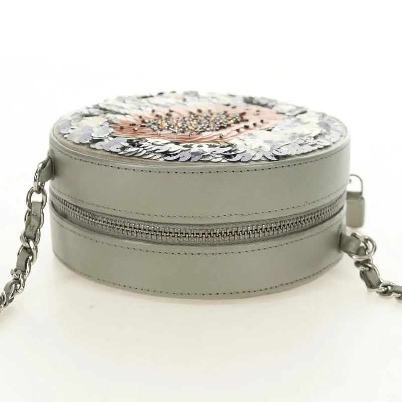 Chanel Round Clutch With Chain Sequins Gray Leather Bag