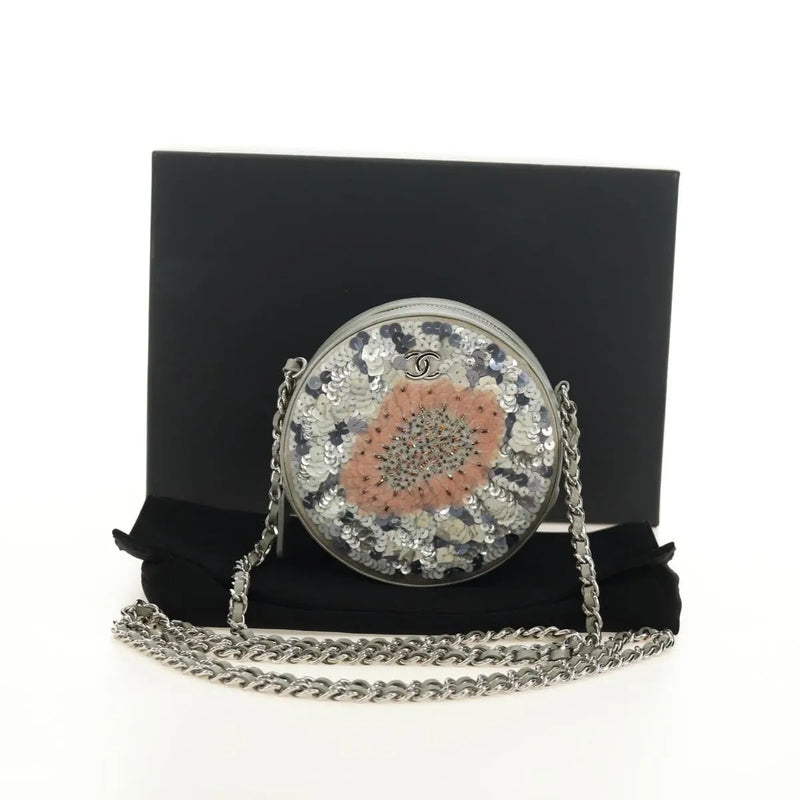 Chanel Round Clutch With Chain Sequins Gray Leather Bag