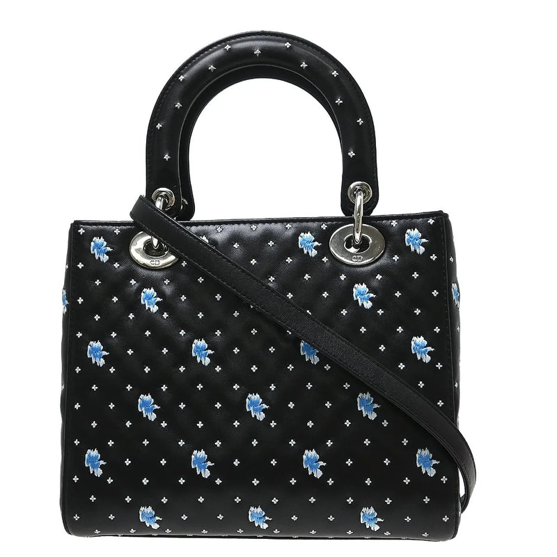 Christian Dior Lady Cannage Quilt Lambskin Black Leather Bag