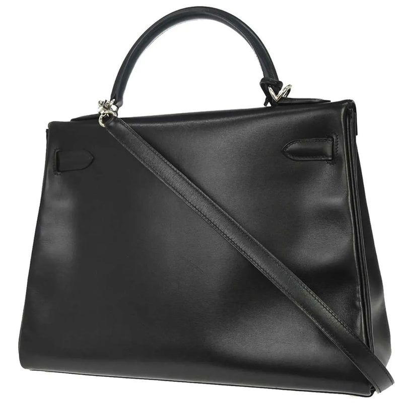 Hermes Kelly Black Box Calf With Palladium Hardware Leather Bag