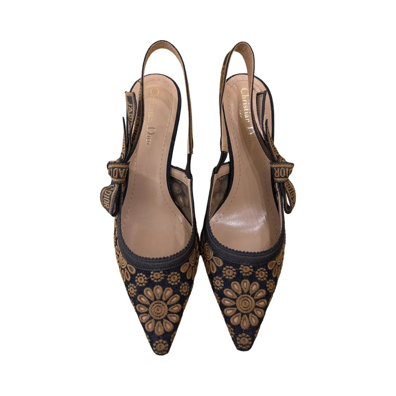 Christian Dior Womens Jadior Slingback Pumps Embroidered Fabric Blue Denim_jeans