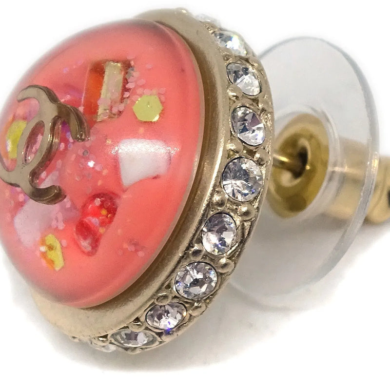Chanel Cc Logo Button Stud Metal With Crystals Pink Plastic Jewelry