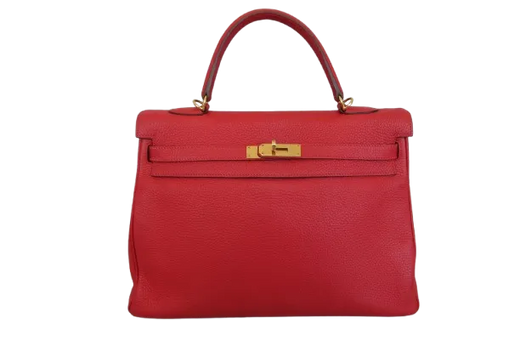 Hermes Kelly Red Clemence With Gold Hardware Leather Bag