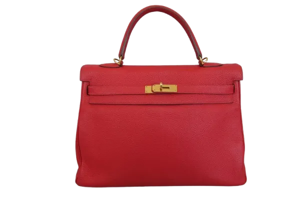 Hermes Kelly Red Clemence With Gold Hardware Leather Bag
