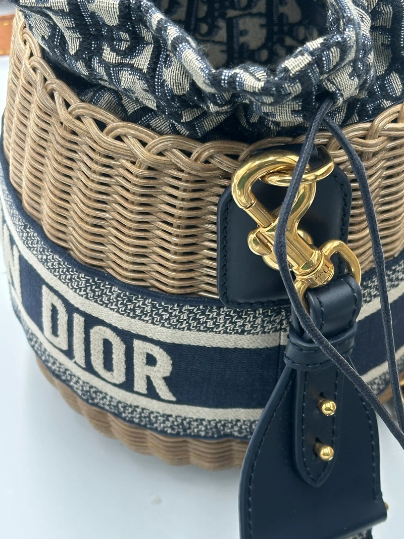 Christian Dior Drawstring Bucket Wicker With Oblique Canvas Neutral Bag