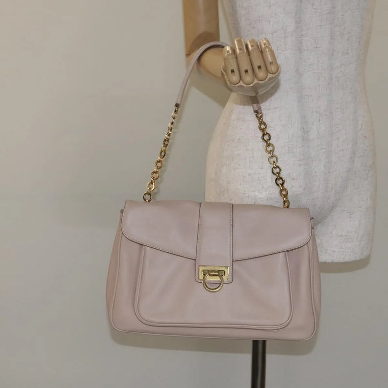 Salvatore Ferragamo Gancini Chain Leather Beige Bag