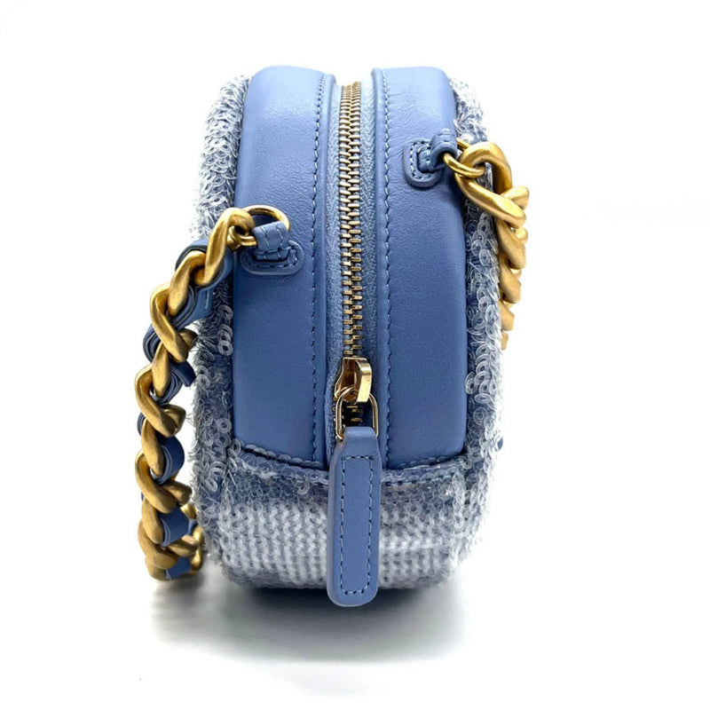 Chanel Round Clutch With Chain Sequins Blue Leather Bag