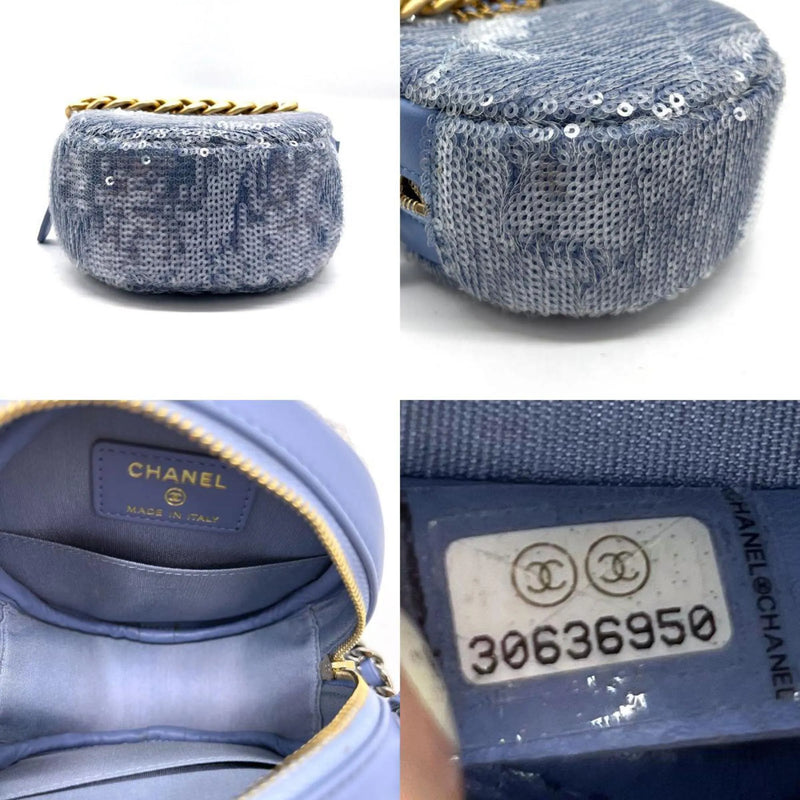 Chanel Round Clutch With Chain Sequins Blue Leather Bag