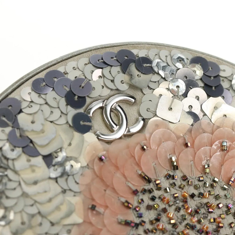 Chanel Round Clutch With Chain Sequins Gray Leather Bag