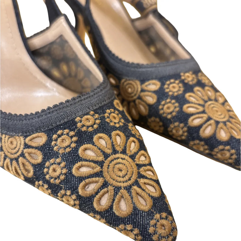Christian Dior Womens Jadior Slingback Pumps Embroidered Fabric Blue Denim_jeans