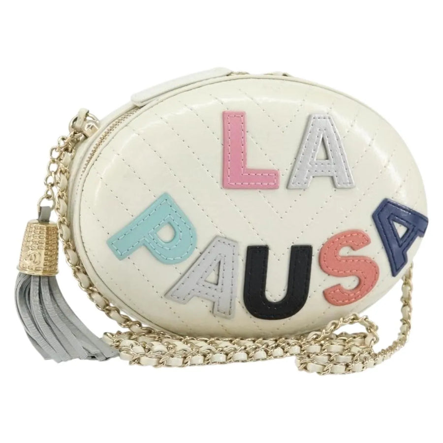 Chanel La Pausa Evening Chevron Lambskin With Applique White Leather Bag