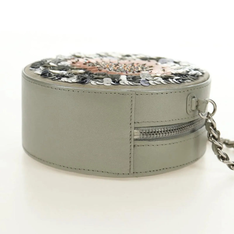 Chanel Round Clutch With Chain Sequins Gray Leather Bag