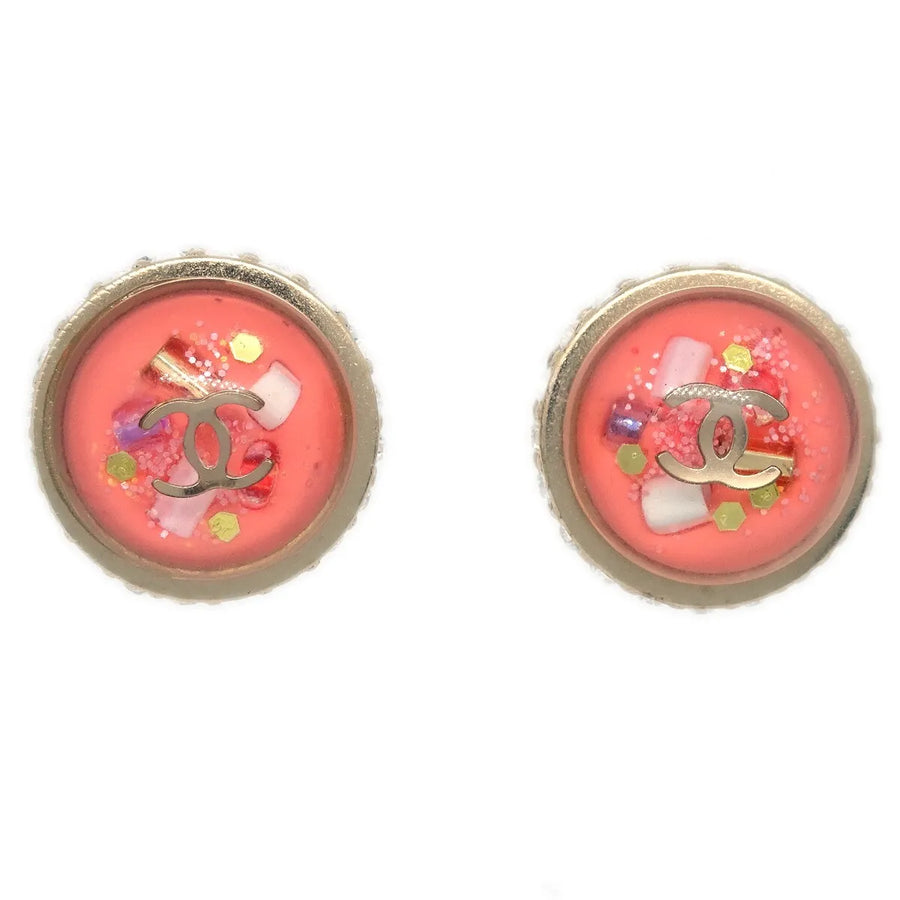 Chanel Cc Logo Button Stud Metal With Crystals Pink Plastic Jewelry